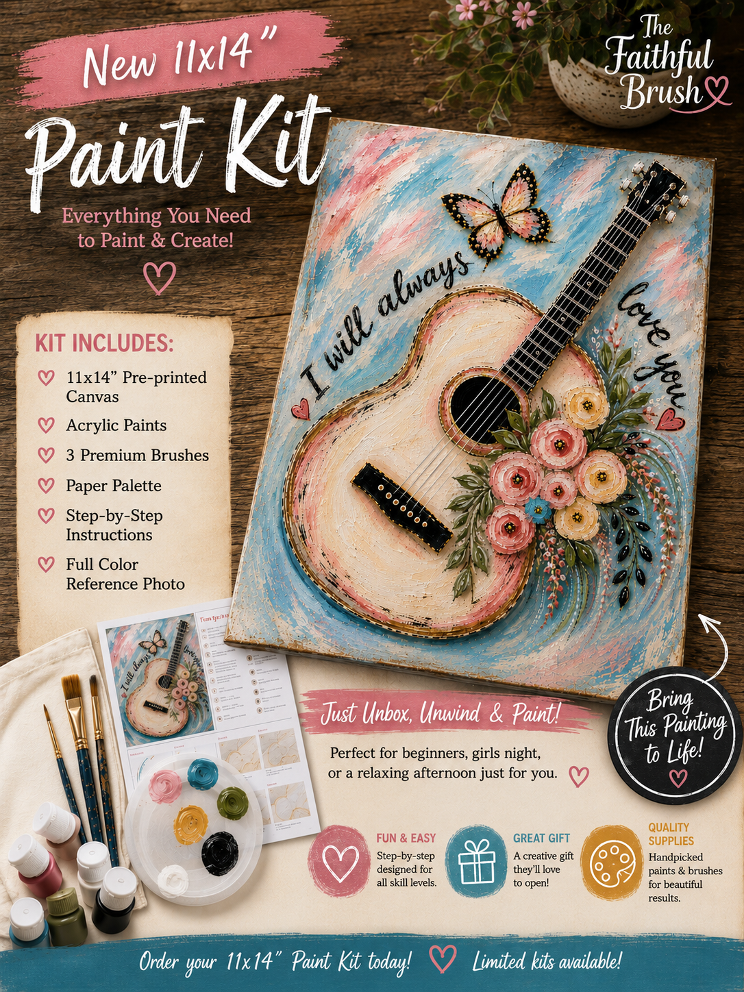 I Will Always Love You 11x14 Paint Kit | Pre-Printed Canvas Acrylic Painting Kit